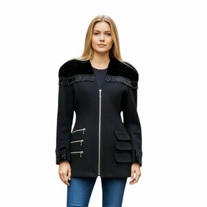 PARASUCO Avant-Garde Wool Blend Velvet Collar Fringe Tailored Jacket. Black. M